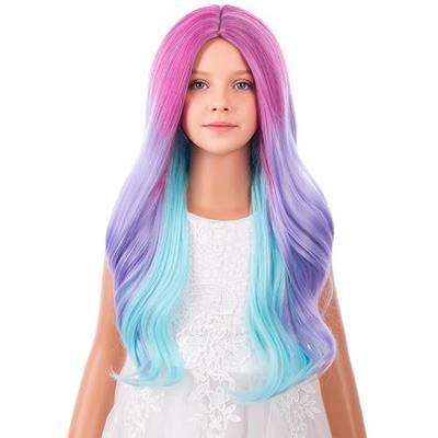 Long Colorful Wigs for Kids Girls Purple Ombre Blue Wavy Wig | Child Rainbow Curly Wig,Multicolor Wigs for Girls,Pink Purple Blue,Daily Party Cosplay Use,Halloween Costume,Synthetic FIber