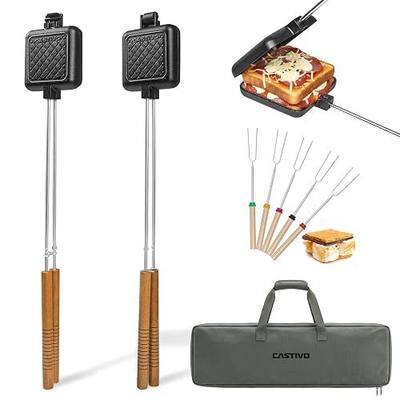 Mountain Pie Maker Cast Iron Set of 2 with Storage Bag – 5 Smores Sticks for Fire Pit, Camping and Outdoor Cooking