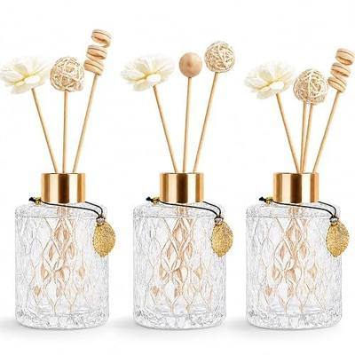 Glass Reed Diffusers Bottles for Home, Diffuser Bottles with Reed Diffuser Sticks Set, Vintage Embossed Apothecary Style Flower Bud Vases with Cork Lids, Set of 3