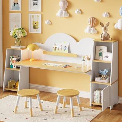 Kids Desk and Chair Set with 2 Bookshelves, Student Study Table and Stools, Toddler Study Desk with Storage, Wooden Kids Desk and Chair Set with 2 Cabinets for Ages 3-8, Boys, Girls (Two Children)