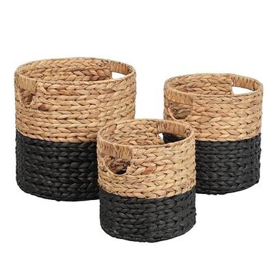happimess Avery 3-Piece Cylinder Nesting Baskets 13", Black/Natural | Hyacinth, Bohemian Cottage Style, Handwoven Wicker, Iron Metal Frame, Decorative Storage For Toys And Books, Built In Handles
