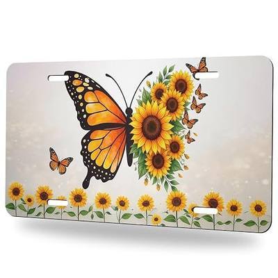 Butterfly License Plate Sunflower Butterfly Floral Decorative Metal Car Plate Vanity Tag Aluminum Novelty License Plate Waterproof Colorfast 12×6 Inch Car Decor Accessory for Men Women