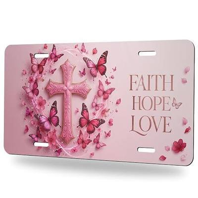 Cross Front License Plate Pink Butterfly Floral Cross Aluminum Metal Decor Accessory Novelty Vanity Tag Cover with 4 Holes 12×6 Inch Car Decor Accessory with 4 Holes for Men Women