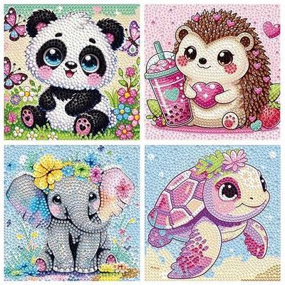 QAWRZZPR 4 Pcs Diamond Art Kits for Kids - Diamond Art for Kids Ages 4-8 & Gem Art for Kids Full Drill Cartoon Anime Theme, Diamond Painting for Kids Easy 6"x6" Home Wall Decor Set (Turtle)