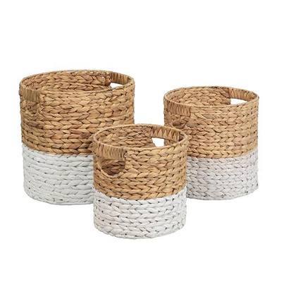 happimess Avery 3-Piece Cylinder Nesting Baskets 13", White/Natural | Hyacinth, Bohemian Cottage Style, Handwoven Wicker, Iron Metal Frame, Decorative Storage For Toys And Books, Built In Handles