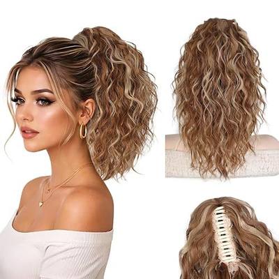 14 Inch Ponytail Extension,Claw Clip Curly Pony Tail Hair Extensions for Women,Natural Looking Lightweight Fluffy Synthetic Clip in Ponytail Hairpiece for Daily Use(Light Brown with Blonde Highlights)