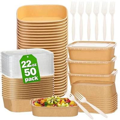 50 Pack 22Oz Disposable Meal Prep Containers With Lids and Forks-Disposable Kraft Paper Bowls-to go food containers-Microwavable and Freezer Safe Take Out Containers for Hot/Cold Food Prep and Salad