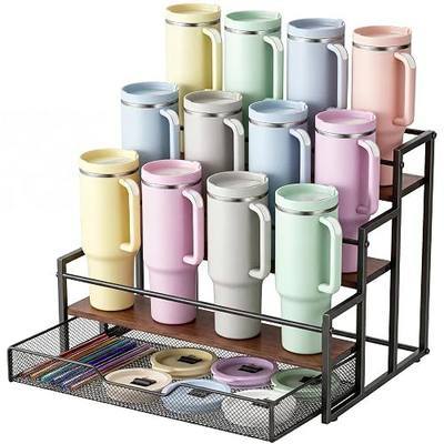 4-Tier Stanley 40oz Bottle Rack with Basket, Holds 12 Bottles | Wooden shelves, iron frame, storage basket for straws/lids, ideal for countertop, bar & kitchen, tiered design.