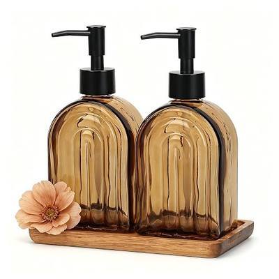 2PCS Elegant Amber Glass Soap Dispenser with Wood Tray | 13OZ Liquid Hand Soap Dispenser,Modern Bathroom & Kitchen Soap Dispenser for Hand Soaps,Lotions,Essential Oils