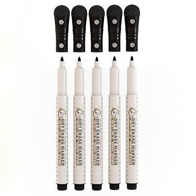 Magnetic Dry Erase Whiteboard Markers, 1mm Fine Tip, 5 Pack Black | 5 black markers for daily writing, dual-magnet strong hold, more ink for longer use, eraser caps, 5 spare tips