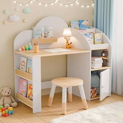Kids Desk and Chair Set with 2 Bookshelves, Student Study Table and Stools, Toddler Study Desk with Storage, Wooden Kids Desk and Chair Set with 2 Cabinets for Ages 3-8, Boys, Girls (One Child)