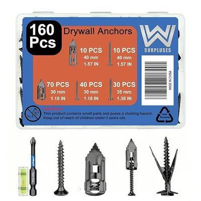 160 Pcs Black Drywall Anchors with Screws Kit, Zinc Plated Alloy Steel | Includes a Phillips Screwdriver And a Level Gauge, 2 Size Drywall Anchors And 3 Size Screws