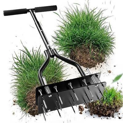 Lawn Aerator - Heavy-Duty Carbon Steel Manual Spike Aerator with 2-in-1 Self-Cleaning Spring Design & T-Handle, 15 Sharp Metal Spikes for Yard Soil Aeration, Pre-Assembled for Easy Setup