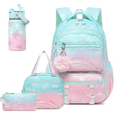 4PCS Rainbow Butterfly Girls Backpacks with Water Bottle & Lunch Bag | Bookbag with 14oz Kids Tumbler & Insulated Bag & Pen Pouch, Cute Schoolbag Kindergarten Preschool Elementary Children Student