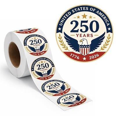 500 Pcs/Roll 1.77" Round Patriotic 250th Anniversary Stickers, Vintage Waterproof 4th of July USA Decals, Retro American Flag Labels for Gifts, Envelopes, Party Decor