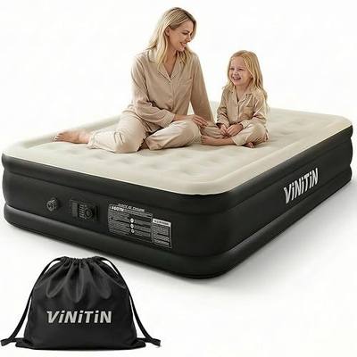 Queen Air Mattress with Built-in Pump, 16" Elevated Inflatable Bed for Home & Guests, Self-Inflating Blow Up Mattress with Flocked Top