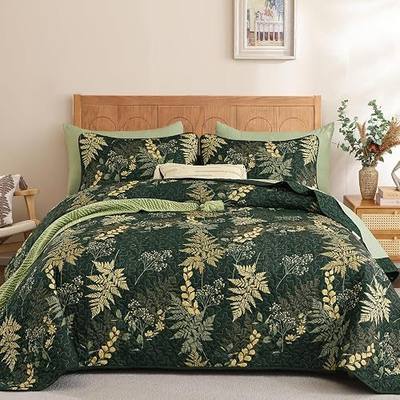 WONGS BEDDING Green Quilt Queen Size,3 Pieces Branch Botanical Floral Pattern Bedspread Coverlet Set,Soft Lightweight Microfiber Reversible Summer Fall Autumn Quilt Set(96"×90")