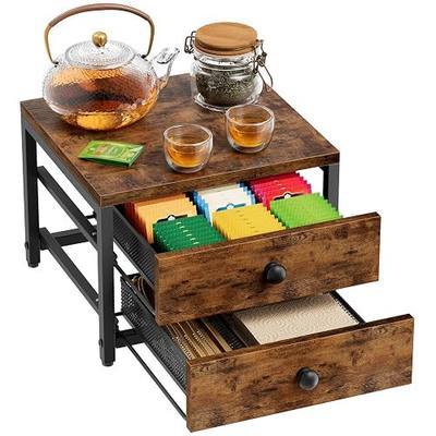 Plaviya 2-Drawer Tea Bag Organizer Box for Countertop | Tea Bag Holder and Storage, 9 Compartments, Wood, Utility, Kitchen, Office, Rustic Brown