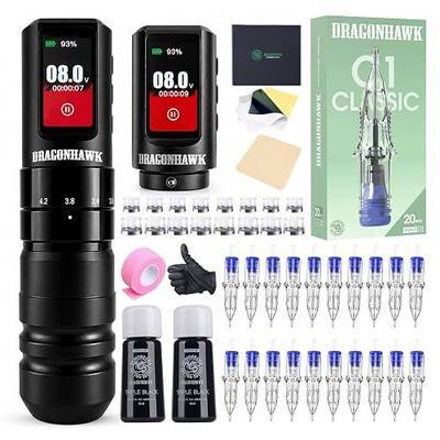 Dragonhawk A3 Pro Wireless Tattoo Kit, 7-Stroke Pen, Dual Battery | 20 Cartridge Needles, Black Ink, All Setup Gear. 7 Adjustable Strokes — Fine Lines to Bold Color Packing.