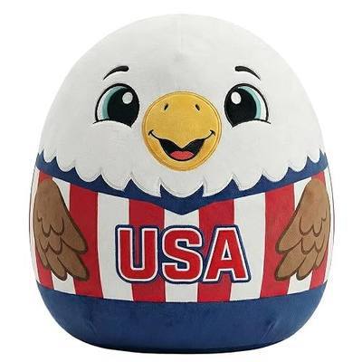 Cute Patriotic Eagle Plush Pillow, Patriotic Bald Eagle Stuffed Animal with American Flag Shirt, Soft Round Pillow Sports Fans and USA Room Decor