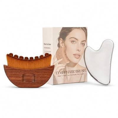Wood Handle Lymphatic Contour Face Brush & Stainless Steel Gua Sha Tool Set, Lymphatic Drainage Facial Massager for Jawline Sculpting, Deflate Puffiness, Tension Relief
