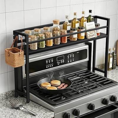 Brakki Spice Rack Over the Stove Shelf with 2 Hooks for Kitchen Organizer | Heat Resistant Vented Design, 32.28"L x 5.91"W x 15.75"H, Keep Spices Fresh, Metal Spice Rack, Black