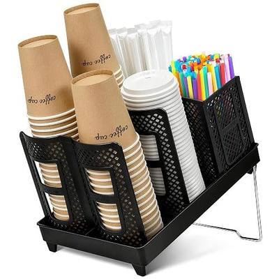 Cup and Lid Holder, Adjustable 6-Slot Coffee Cup Organizer for Countertop | Cup Lid and straw organizer Dispenser for Countertop, Coffee Bar, Restaurant, Breakroom, Kitchen, Office