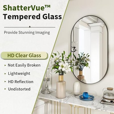 BEAUTYPEAK Wall Mounted Mirror, 16"x24" Oval Bathroom Mirror with Metal Frame, Vertical & Horizontal Hang, Ideal for Bedroom, Entryway, Living Room, Black