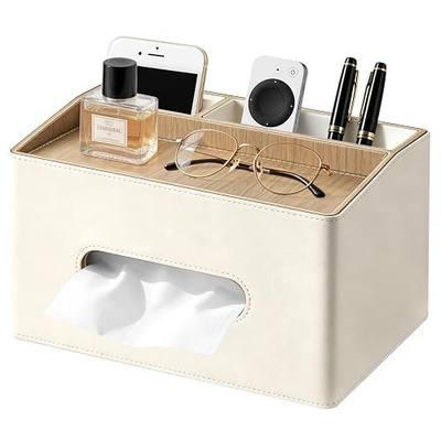 PU Leather Tissue Box Holder Rectangle,Facial Tissue Cover with Tray on Top | Multifunctional TV Remote Control Holder, Modern Desktop Organizer with Storage for Nightstand Bathroom Office Home Decor