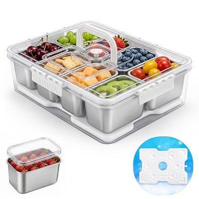 Homelove Snackle Box Container with Ice-Pack, Snack Container Divided Serving Tray with 8-Compartment Snack Platter, Lid and Handle, Food Organizer for Outdoor Travel Party Beach Picnic