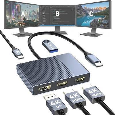 USB C to Dual HDMI and DisplayPort Adapter with PD 100W/USB3.0, 5 IN 1 USB C Docking Station 3 Monitors, 4K@60Hz HDMI Splitter Extended Display for Dell/HP Laptop, DP MST/SST Hub for Multiple Monitors