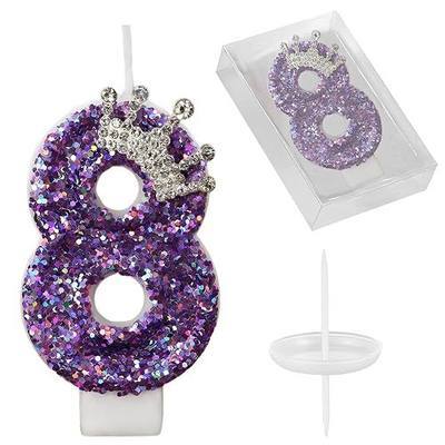 Birthday Number Candles, Purple Crown Number 8 Cake Cupcake Candle Glitter Number Candle Cake Topper with Sequins for Girls,Women, Anniversary Party Celebrations Supplies Favors