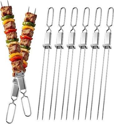 Skewers for Grilling- 16 inch (6 Pack) Double Pronged Flat Stainless Steel BBQ Skewer with Push Bar- Kabob Skewers Skewer Sticks for Camping or Family - Reusable, BBQ Accessories