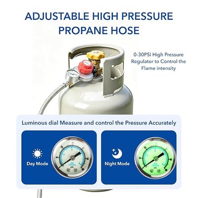 5FT Stainless Steel Braided High Pressure Propane Regulator Hose with Gauge, 0~30PSI Adjustable Propane Tank Regulator, QCC1 & 3/8” Female, Fit for Turkey Fryer,Fish Fryer,Propane Burner,Fire Pit
