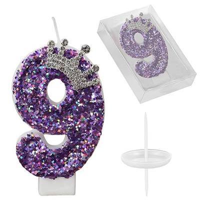 Birthday Number Candles, Purple Crown Number 9 Cake Cupcake Candle Glitter Number Candle Cake Topper with Sequins for Girls,Women, Anniversary Party Celebrations Supplies Favors