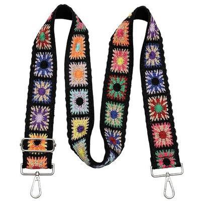 Wide Purse strap Crochet Flower replacement crossbody for Handbag | 2inch black flower adjustable Embroidery Knit floral Guitar Shoulder cross body strap for handbags bag women fashion cute