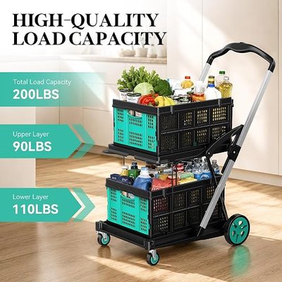 Collapsible Shopping Cart with Wheels, 8-in-1 200LBS Multi Functional Utility Cart with 2 Storage Crate, Grocery Cart with Adjustable Handle, Foot Brake for Shopping/Warehouse/Office/Supermarket-Blue