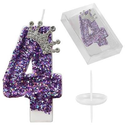 Birthday Number Candles, Purple Crown Number 4 Cake Cupcake Candle Glitter Number Candle Cake Topper with Sequins for Girls,Women, Anniversary Party Celebrations Supplies Favors