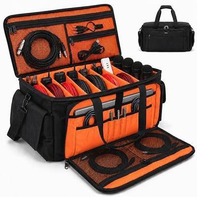 Large DJ Cable Bag Organizer with Laptop Pocket & Adjustable Dividers | Dj Bag for Equipment and Music Accessories, Travel Gig Bag for Professional DJ Gear, Musical Instrument, Orange