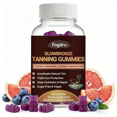 Tanning Gummies - Natural Tan Accelerator with L-Tyrosine, Astaxanthin, Lycopene & Hyaluronic Acid | Triple Sun Protection, Skin Hydration & Repair, Vegan, Sugar-Free, 60 Blueberry Grapefruit Gummies