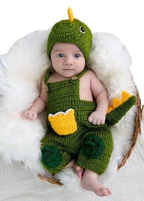 Newborn Photography Props, Knit Dinosaur Outfit | Newborn photography outfit, Dinosaur theme, knit construction, overalls, hat included, headband included, 0-1 Month