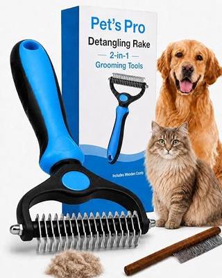 Pro Pet Grooming Tool, Undercoat Rake for Dogs Deshedding Brush Double Sided Cat Brushes Long Hair Dematting Comb Professional Extra-Wide Stainless Steel Teeth Supplies for Matted Fur on Cats (Blue)