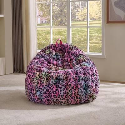 Fluffy Faux Rabbit Fur Bean Bag Chair Cover(No Filler),Cozy Shaggy Bubble Stuffed Animal Storage Large Bean Bag Cover for Bedroom Living Room,Fuzzy Bean Bag Cover Girls Teens Adult,Rainbow Leopard