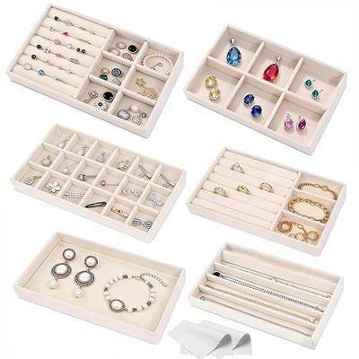 6-Piece Velvet Jewelry Organizer for Drawer with Removable Dividers | Stackable Jewelry Trays, Drawer Organizer Inserts Set with 2 Cleaning Cloths for Women Dresser Vanity