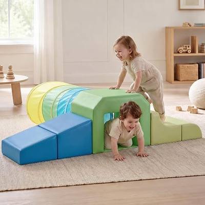 JungleDove PU Leather Foam Climbing Blocks: with Toddler Crawl Tunnel Toy | Soft Play Climber for Baby Crawling Sliding, Wipeable Indoor Climbing Gym, Kids Play structures for Playroom Activity(Blue)