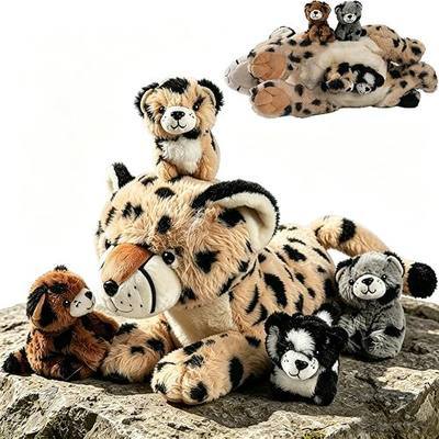 Cheetah Stuffed Animal with 4 Babies for Girl Kid, Leopard Plush Toy Cuddly | 12'' Mommy Cheetah Plushie with 4 Cub, Soft Cuddly Big Cat Plush Toys Gift for Kids Birthday Jungle Baby Shower Nursery Decor