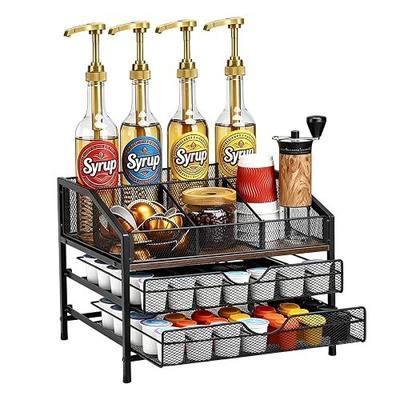 Coffee Bar Organizer, 3-Tier Coffee Station Organizer, Wood Coffee Syrup Organizer Rack with 35K Cup Storage Basket, Countertop Bottle Holder Stand for Kitchen Cafe Station, Syrup