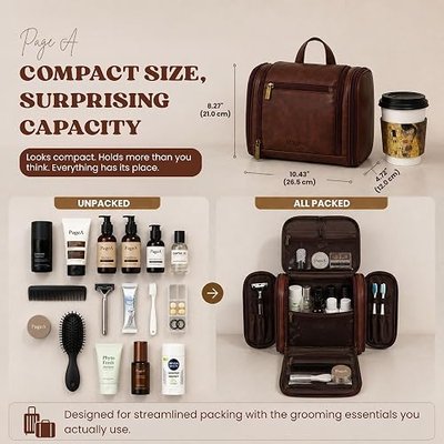 PageA Compact Travel Toiletry Bag for Men, Small Portable Hanging Dopp Kit