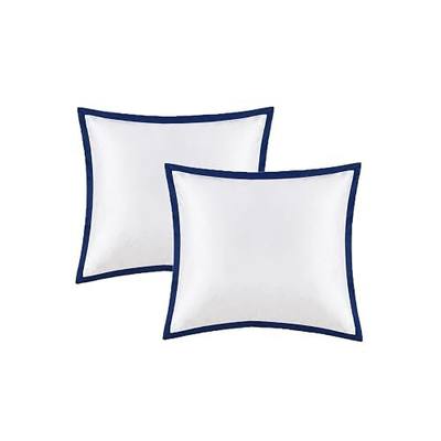 White Euro Pillow Shams Set of 2, 100% Cotton Pillow Cover 26x26 | 400TC, Sateen Weave, Hotel Luxury, 1" Navy Border, Decorative, Smooth, Soft, Breathable
