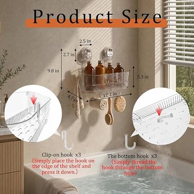 AVOKIHI Suction Cup Shower Caddy with 6 Hooks, No Drill Shower Shelf | Features 6 hanging hooks for loofahs and razors. Clear waterproof bathroom organizer. No drill traceless suction design.